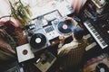 The guy is a hip-hop DJ in a home studio playing records .Hip-hop composer, beatmaker creates rhythms Royalty Free Stock Photo