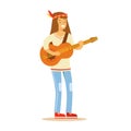 Guy Hippie Dressed In Classic Woodstock Sixties Hippy Subculture Clothes Standing Playing Guitar