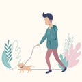 Guy with his puppy walking and talking on phone. Vector illustration in flat style Royalty Free Stock Photo