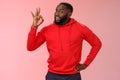 Guy hold everything under control assuring customer show okay sign. Portrait charismatic cheeky black bearded man say ok