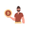 The guy is holding bitcoin. Character in modern trendy style.