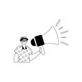 The guy is holding a bullhorn . hour concept . black and White linear style. Trendy style, Vector Illustration