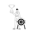 The Guy is holding a cup . home of victory . black and whiten linear manner. Trendy style, Vector Illustration