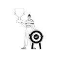 The Guy is holding a cup . home of victory . entire dark and whiten linear manner. Trendy style, Vector Illustration