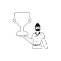 The Guy is holding a cup . national of victory . black and white linear manner. Trendy style, Vector Illustration