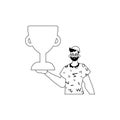 The Guy is holding a cup . national of victory . black and whiten linear manner. Trendy style, Vector Illustration