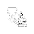 The Guy is holding a cup . national of victory . black and whiten linear manner. Trendy style, Vector Illustration