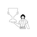 The Guy is holding a cup . national of victory . black and whiten linear manner. Trendy style, Vector Illustration