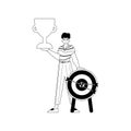 The Guy is holding a cup . national of victory . black and whiten linear manner. Trendy style, Vector Illustration