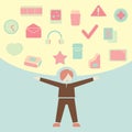 guy holding up various icons. Vector illustration decorative design