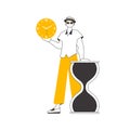 The guy is holding a watch. Time management concept. Modern linear style. Isolated. Vector illustration. Royalty Free Stock Photo