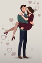 The guy holds the girl in his arms against the background of valentines. Vector Royalty Free Stock Photo