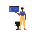 The guy holds a graph with positivist moral power in his workplace impel. Trendy style, Vector Illustration