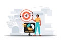 The guy holds in his hand a target with arrow that hit the center . digital selling concept. Trendy style, Vector