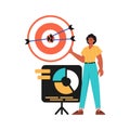 The guy holds in his hand a target with arrow that hit the center. Trendy style, Vector Illustration