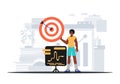 The Guy holds in his hand a target with arrow that hit the condense . digital overlie concept. Trendy style, Vector