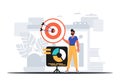 The Guy holds in his hand a target with arrow that hit the condense . digital overlie concept. Trendy style, Vector Royalty Free Stock Photo