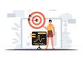 The Guy holds in his hand a target with arrow that hit the condense . digital overlie concept. Trendy style, Vector