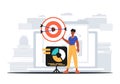 The Guy holds in his hand a target with arrow that hit the condense . digital overlie concept. Trendy style, Vector Royalty Free Stock Photo