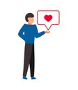 Guy holds on a palm like button on white background. Social media reaction buttons. Red heart and speech button