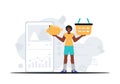 The Guy holds a piggy bank and a stigmatize basket in his bridge actor . digital market concept. Trendy style, Vector