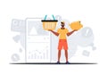 The Guy holds a piggy bank and a stigmatize basket in his bridge actor . digital market concept. Trendy style, Vector