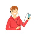 Guy In Hoodie WIth Hands-Free Headphones Plugged To Smartphone, Part Of People Speaking On The Mobile Phone Series