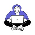 Guy in hoodie with laptop flat silhouette vector illustration
