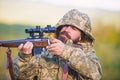 Guy hunting nature environment. Bearded hunter rifle nature background. Experience and practice lends success hunting Royalty Free Stock Photo