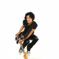 Guy jumping with bass guitar Royalty Free Stock Photo