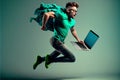 guy jumping going using laptop isolated over bright blue color background