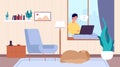 Guy with laptop. Man resting, person and dog in living room. Freelancer, online chat and work vector illustration Royalty Free Stock Photo
