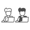 Guy on laptop with mouse, freelancer, programmer line and solid icon, work concept, student vector sign on white