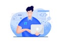 IT guy with a laptop vector modern illustration - blue color. Smiling young man portrait in glasses, a polo t-shirt, holding a Royalty Free Stock Photo