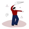 Guy launches a paper plane. Launching an airplane. The man is playing. Vector illustration in hand-drawn style Royalty Free Stock Photo