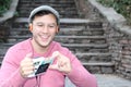 Guy listening to Stereo cassette Walkman in the 80s or the 90s Royalty Free Stock Photo