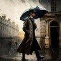 A guy in long coat walking through a storm with umbrella