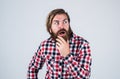 is it really so. guy with long lush beard and mustache on face. handsome confident man has perfect hairstyle. surprised Royalty Free Stock Photo
