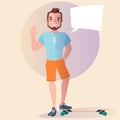 Guy with longboard and speech bubble. Guy in flat design style