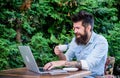 Guy looking for apartment. Find apartment for holidays or vacation. Planning vacation. Man bearded hipster sit outdoors Royalty Free Stock Photo