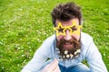 Guy looks nicely with daisy or chamomile flowers in beard. Springtime concept. Hipster with beard on cheerful face Royalty Free Stock Photo