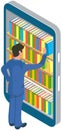 Guy looks at screen with virtual bookshelves and stacks of books. Man chooses book in online library