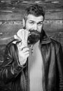 Guy mafia dealer with cash profit. Brutal man has cash money. Richness and wellbeing. Man brutal bearded hipster wear