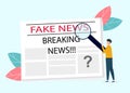 Guy with magnifying glass reading fake news in newspaper, white background. Vector illustration in flat style Royalty Free Stock Photo