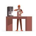 Guy making coffee flat vector illustration. Smiling cafe worker, professional barista adding milk to espresso cartoon