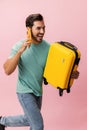 Guy man traveler smartphone phone service suitcase