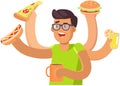 Guy with many hands coping with multitasking in kitchen. Man holding junk food, fastfood dishes