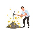 Guy mining cryptocurrency with pickaxe. Man extracting bitcoins. Virtual money theme. Cartoon businessman in blue shirt