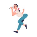 Guy performing on stage with microphone. Young man singing song and dancing cartoon vector illustration Royalty Free Stock Photo