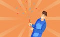 Guy with petard vector illustration. Smiling young man holding firecracker, firing confetti cartoon character. Kid Royalty Free Stock Photo